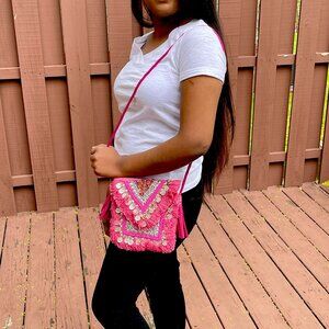 BRAND NEW Pink Eco Jute Sling Shoulder Cross-Body Gypsy Chic Bag with Cotton Bag